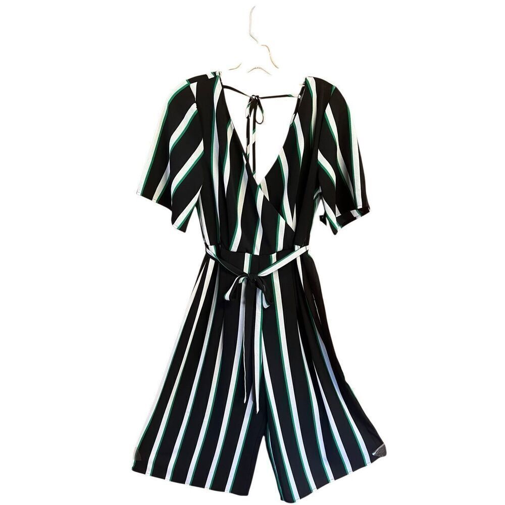 TRIXXI  Striped Jump Suit Lightweight Low V Wrap neckline Wide-leg  Sz XL